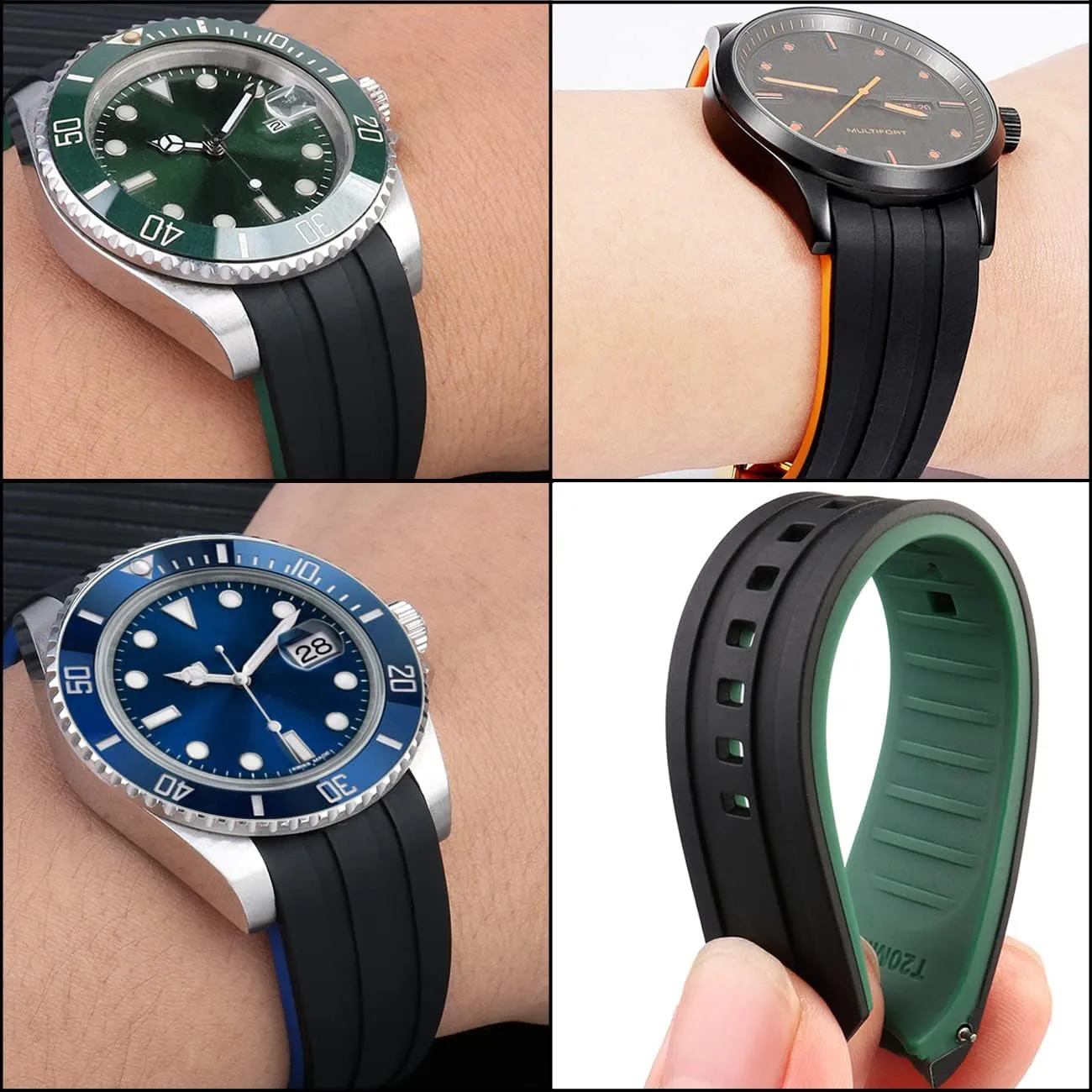 Two gland magnetic indoor slat aviation Tone Rubber Silicone 20mm 22mm Watch Band Seamless Curved Ends Watch Strap Band Solid Stainless Steel Buckle Quick Release Pins for Men Women YISIWERA Premium 