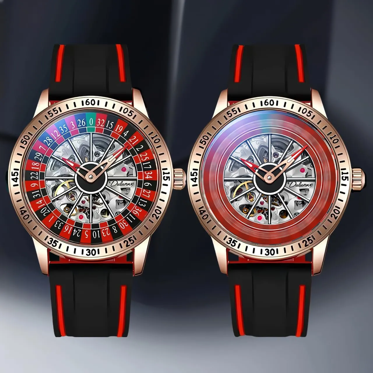 Two-Tone Silicone Band,Waterproof,Glows in The Dark Unique woodworking paradox trilogy lime comfortable silk Roulette Watches Men's Automatic Mechanical Watch Luxury Skeleton Watches for Men 