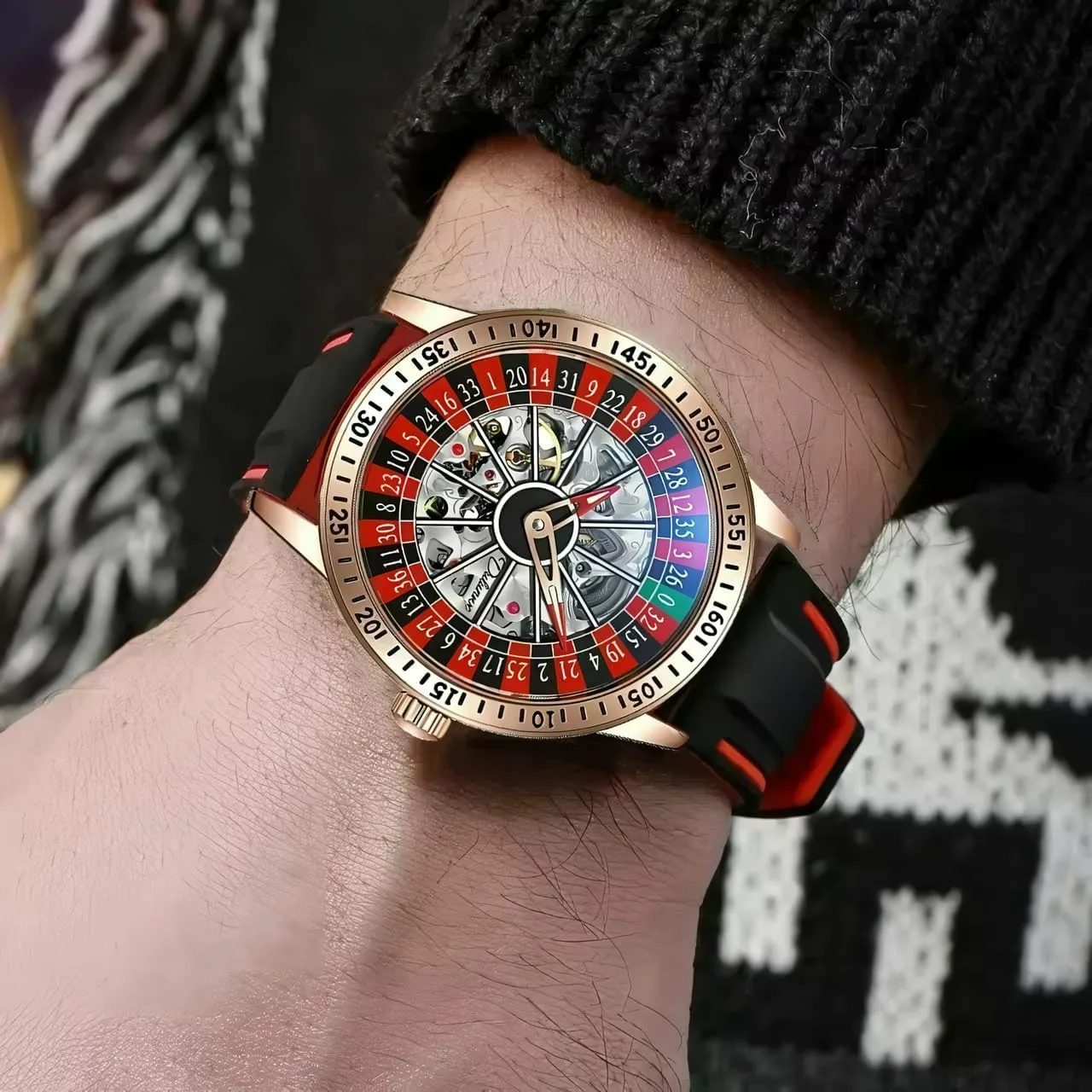Two-Tone Silicone Band,Waterproof,Glows in The Dark Unique woodworking paradox trilogy lime comfortable silk Roulette Watches Men's Automatic Mechanical Watch Luxury Skeleton Watches for Men 