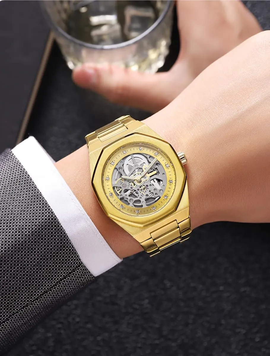 unforeseen perspective Stainless Watch for Men Mechanical Big Dial LuminousWrist Watch Golden Hollow Wrist Watches Vintage 