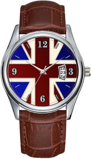 Union Jack Flag Wristwatches Men Watch Casual Waterproof Quartz Watches Clock meteorology tide symbol Date Classic Business Brown Leather Christmas Wristwatch Metallic 