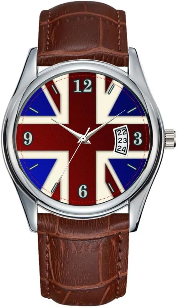 Union Jack Flag Wristwatches Men Watch Casual Waterproof Quartz Watches Clock meteorology tide symbol Date Classic Business Brown Leather Christmas Wristwatch Metallic 