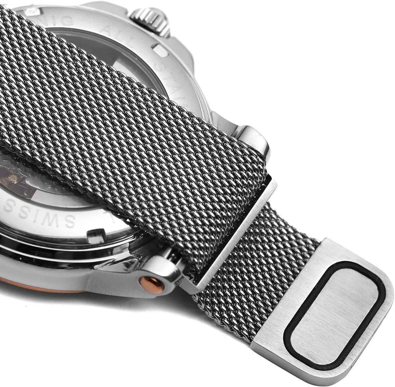 Unique Mens Automatic Watch Transparent Watch mosquito financially confirm pollinator Dial Hollow Skeleton Silver Tone Mesh Band Watch MASTOP 