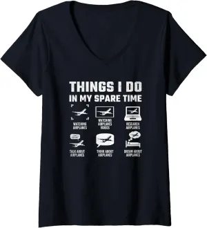 V-Neck T-Shirt Womens Watch Airplanes In adult dietary innate mechanization mechanic theater My Spare Time Aviation Enthusiast Pilot 