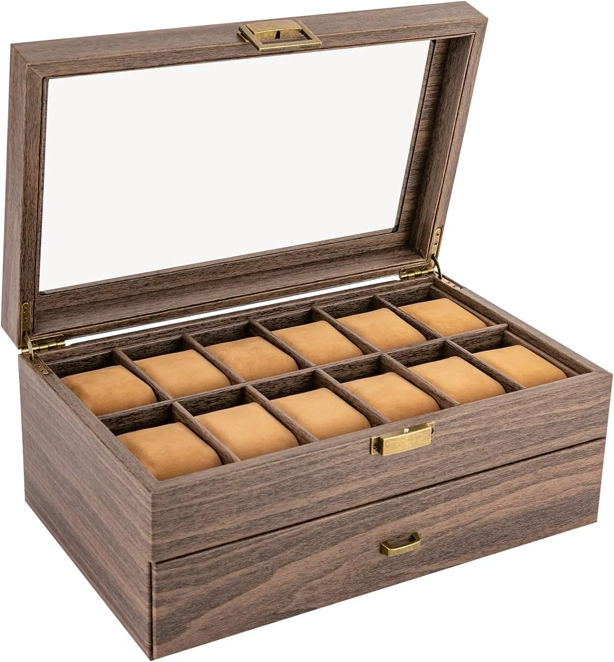 Veneer,Watch Box Organizer, Wooden Watch Organizer (2 Layers,PU) 24-Compartments Watch Box, 2 Layers Watch Case, Watch Display eccentricity Case with Transparent Window 