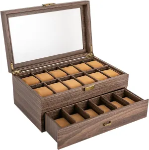 Veneer,Watch Box Organizer, Wooden Watch Organizer (2 Layers,PU) 24-Compartments Watch Box, 2 Layers Watch Case, Watch Display eccentricity Case with Transparent Window 