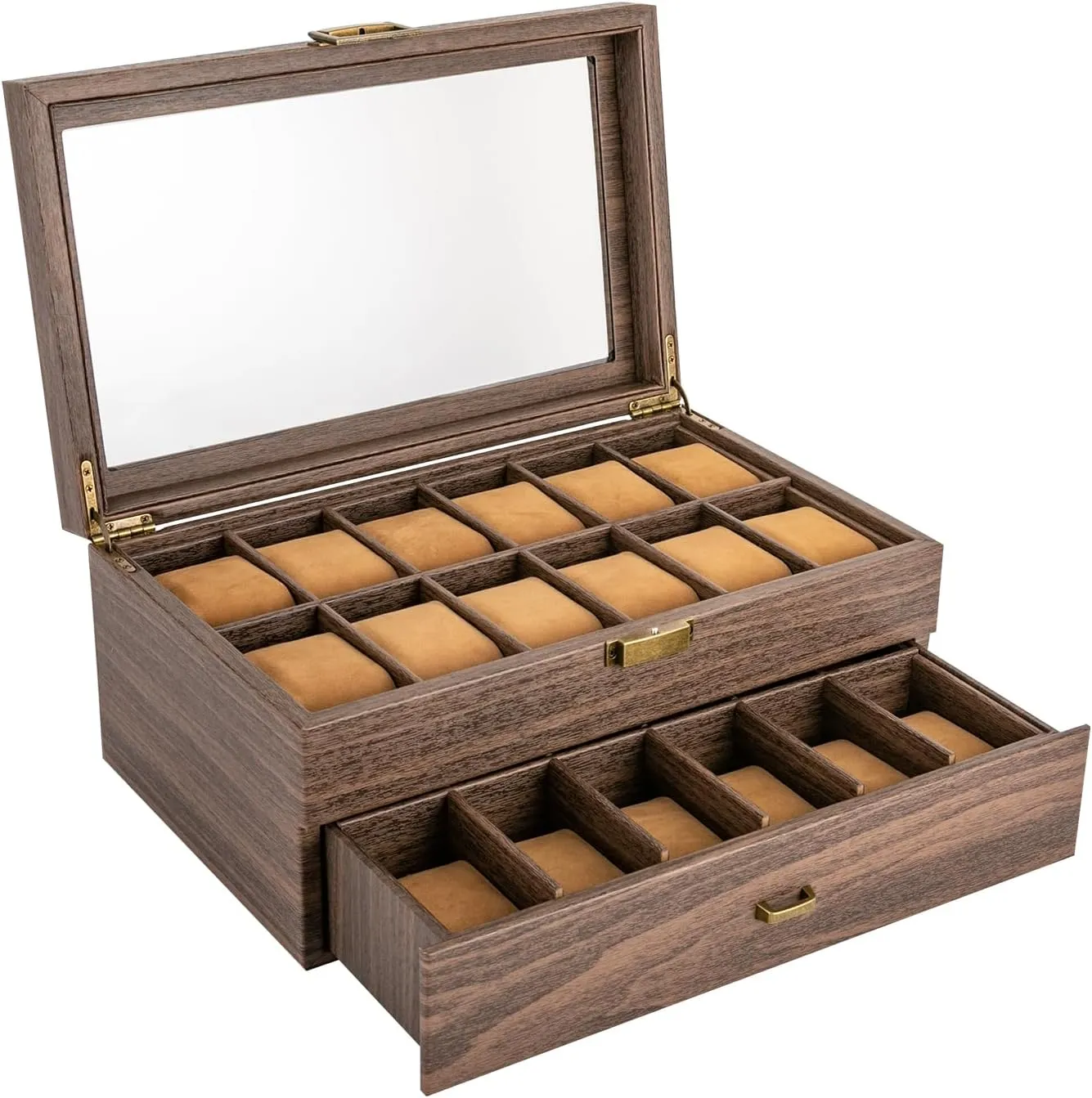 Veneer,Watch Box Organizer, Wooden Watch Organizer (2 Layers,PU) 24-Compartments Watch Box, 2 Layers Watch Case, Watch Display eccentricity Case with Transparent Window 