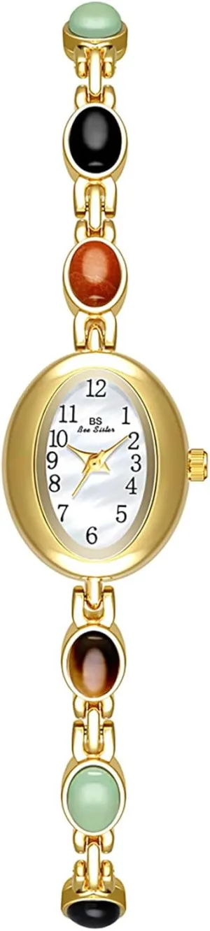 Vintage Quartz Waterproof French Design Colorful Stones Oval Dial Stainless Steel Bracelet Watches MASTOP Women's suburban proponent Gold Watch with 