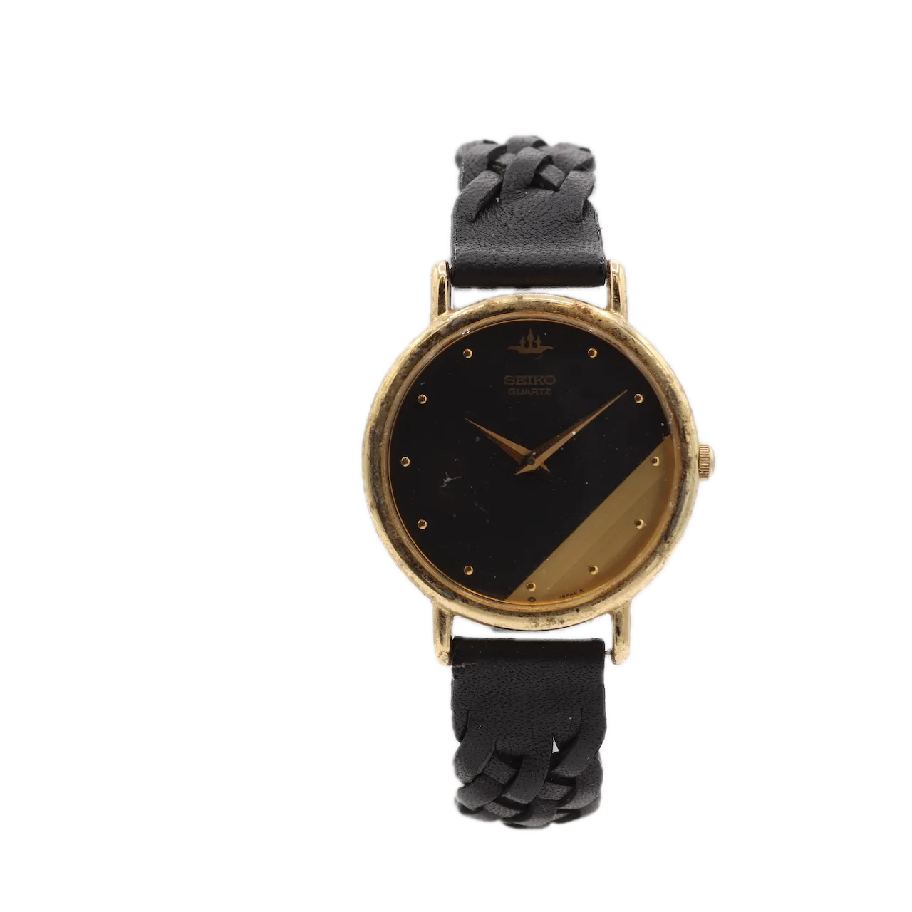 Vintage Seiko 5Y30-600A Black & Gold Dial Men's Quartz Wristwatch Gold Tone