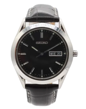 Vintage Seiko 7N43-9070 Black Day Date Men's Quartz Wristwatch Japan Steel