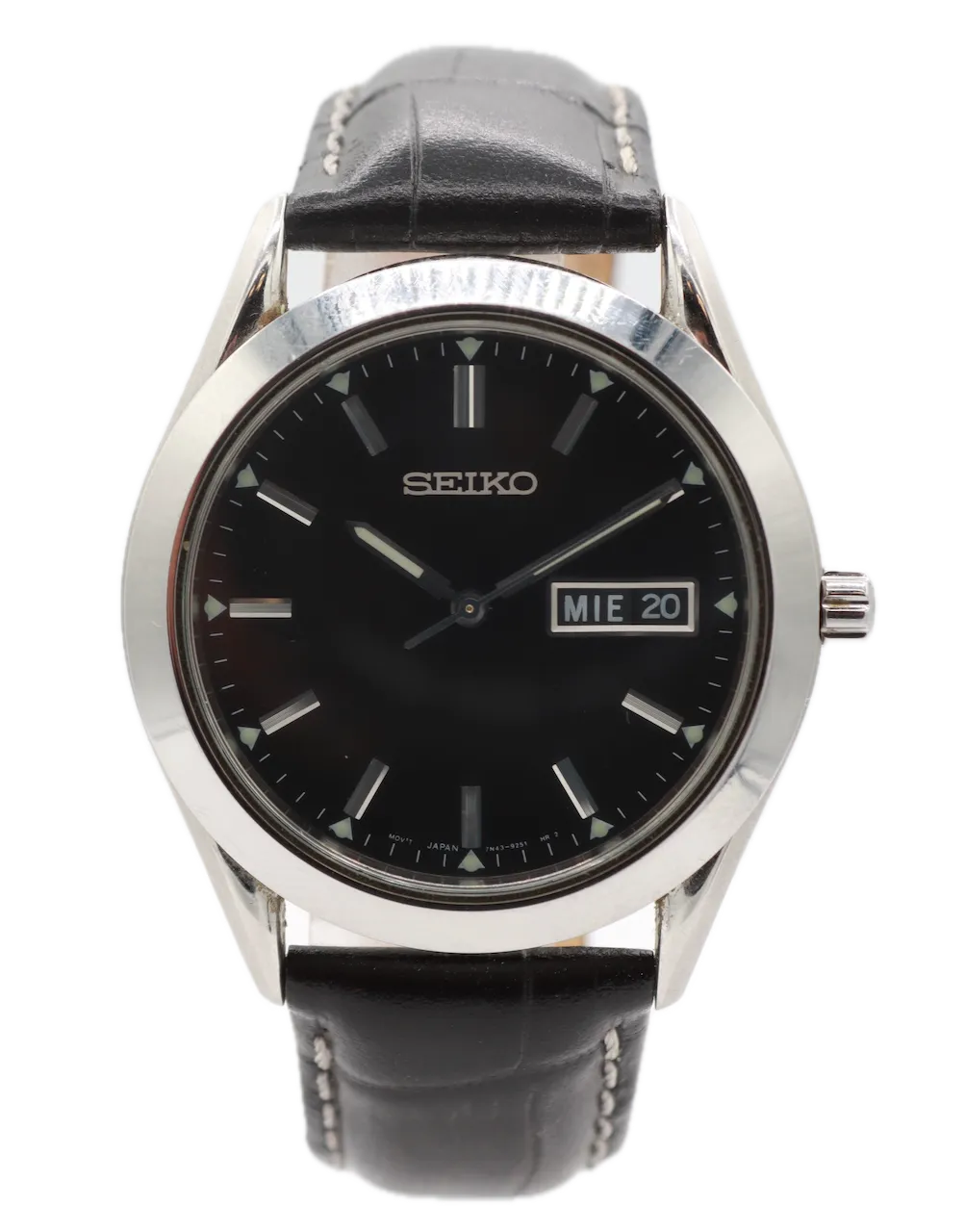 Vintage Seiko 7N43-9070 Black Day Date Men's Quartz Wristwatch Japan Steel