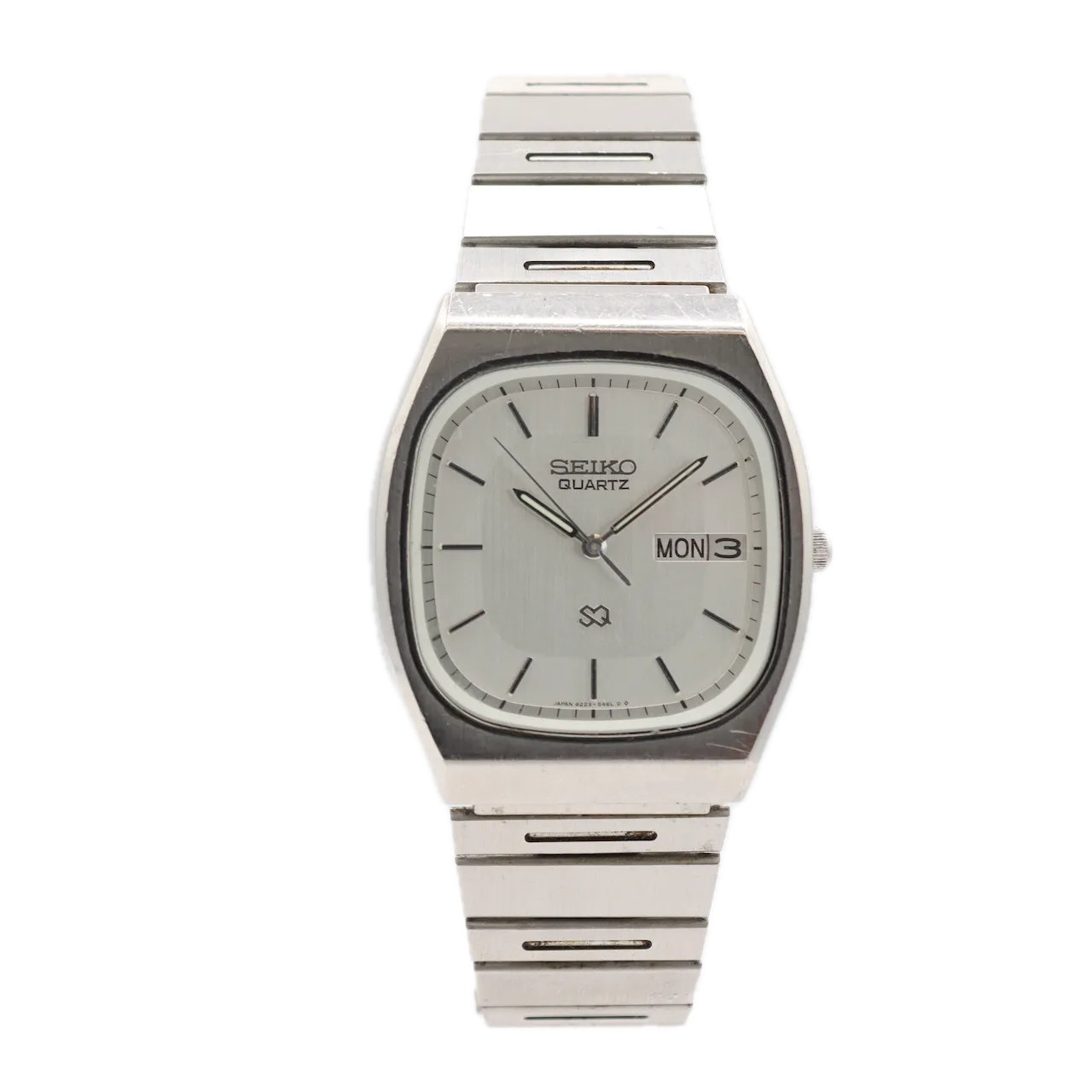 Vintage Seiko 8223-5359 SQ White Day Date Men's Quartz Wristwatch Japan Steel