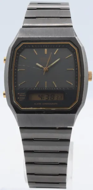 Vintage Seiko H601-5479 Black Ana-Digi Men's Quartz LCD Wristwatch PVD & Steel