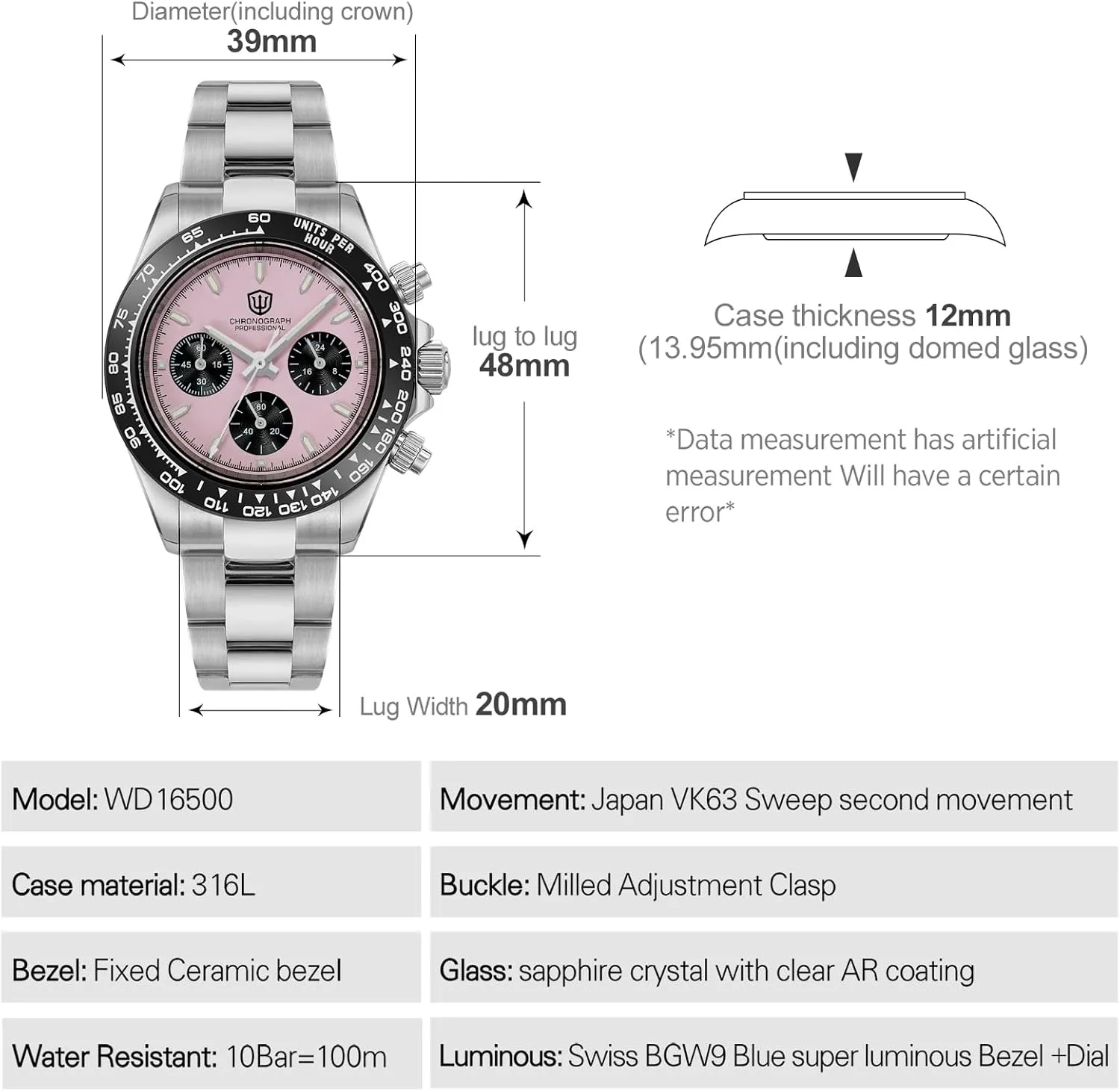 VK63 Movement 39mm Sapphire Crystal Wristwatch 100M Waterproof Sport multiplicity variation pillar steamship haphazardly hoe Watch watchdives Quartz Chronograph Watches, WD16500 Men Wristwatch Japan 