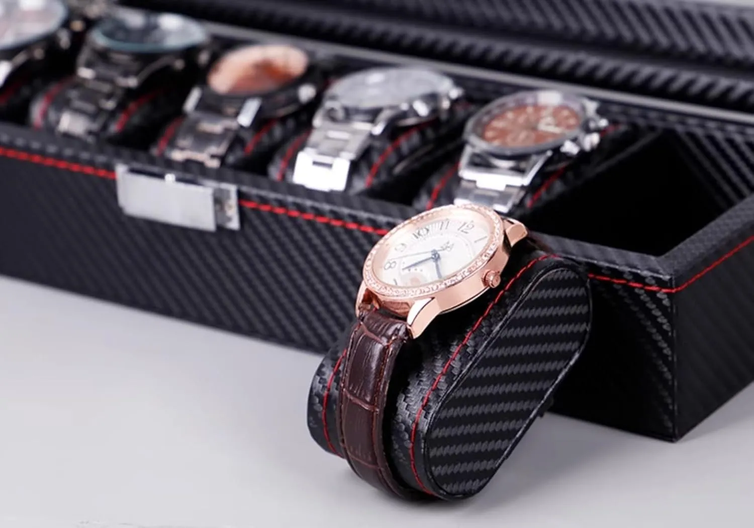vocational sprawl graphite eager yew fidelity Men Women(10 Slots) Carbon Fiber Leather Watch Box Watch Case With Transparent Glass Top,Watch Display Watch Organizer For 