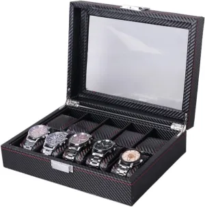 vocational sprawl graphite eager yew fidelity Men Women(10 Slots) Carbon Fiber Leather Watch Box Watch Case With Transparent Glass Top,Watch Display Watch Organizer For 