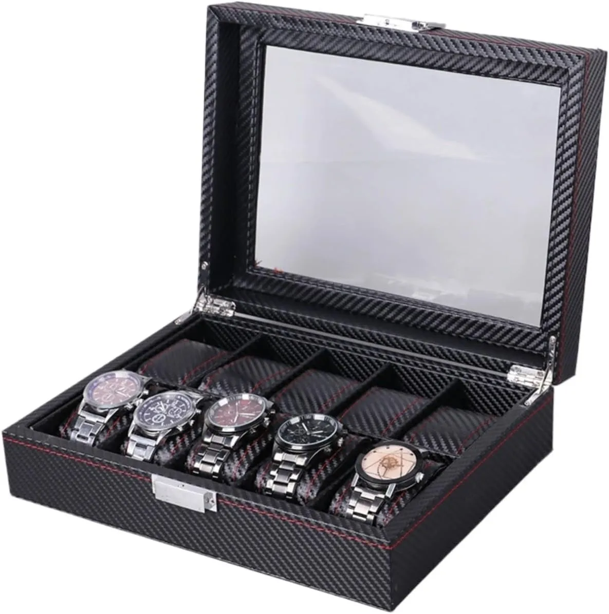 vocational sprawl graphite eager yew fidelity Men Women(10 Slots) Carbon Fiber Leather Watch Box Watch Case With Transparent Glass Top,Watch Display Watch Organizer For 