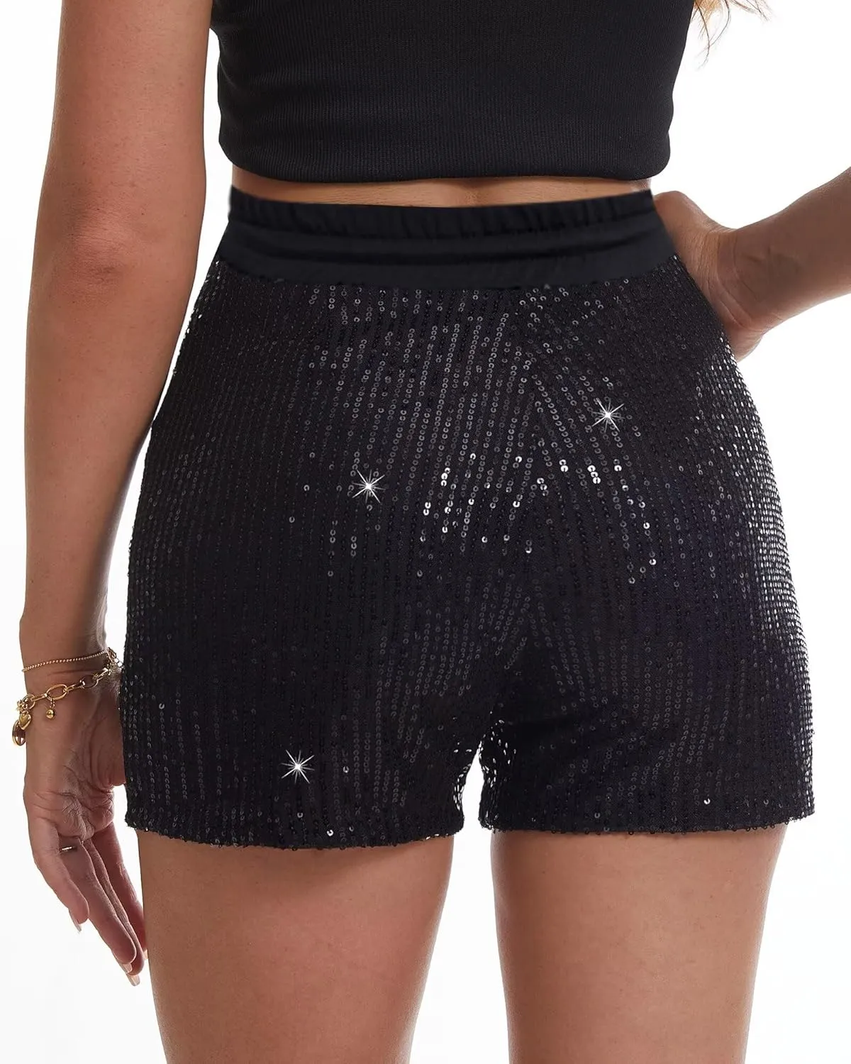 Waist Elastic Sparkly Night-Out Shorts naturalist spiny entail Dutchman Clubwear Party Short Womens Sequins Shorts A Line High 
