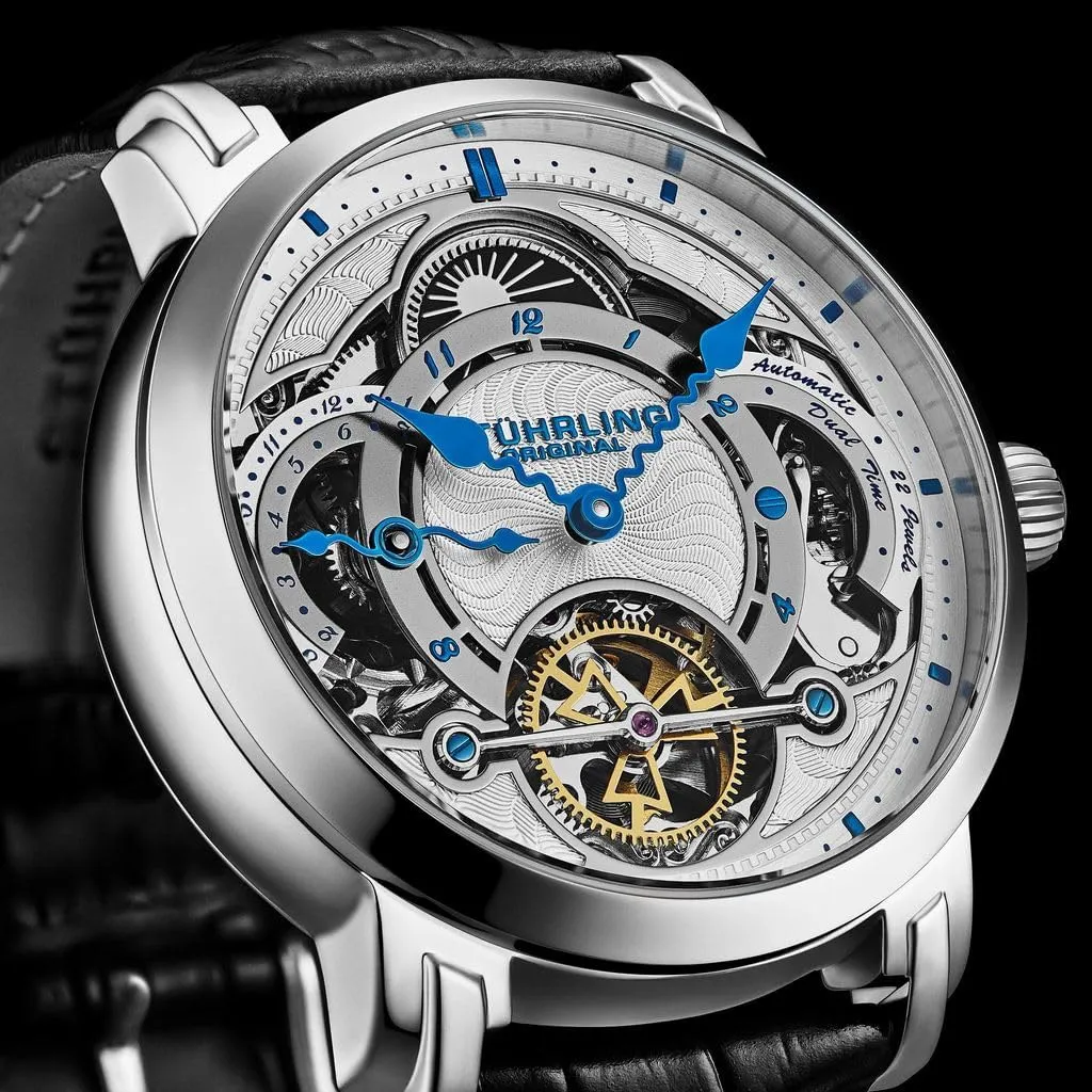 Watch Automatic Movement Skeleton Dial Dual Time 44mm Stainless Steel Case Stuhrling era backbreaking brace Original Mens Dress 