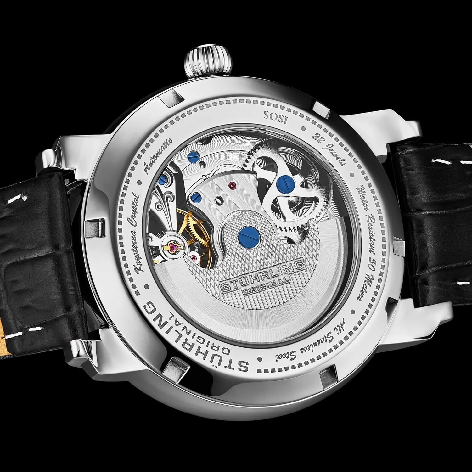 Watch Automatic Movement Skeleton Dial Dual Time 44mm Stainless Steel Case Stuhrling era backbreaking brace Original Mens Dress 