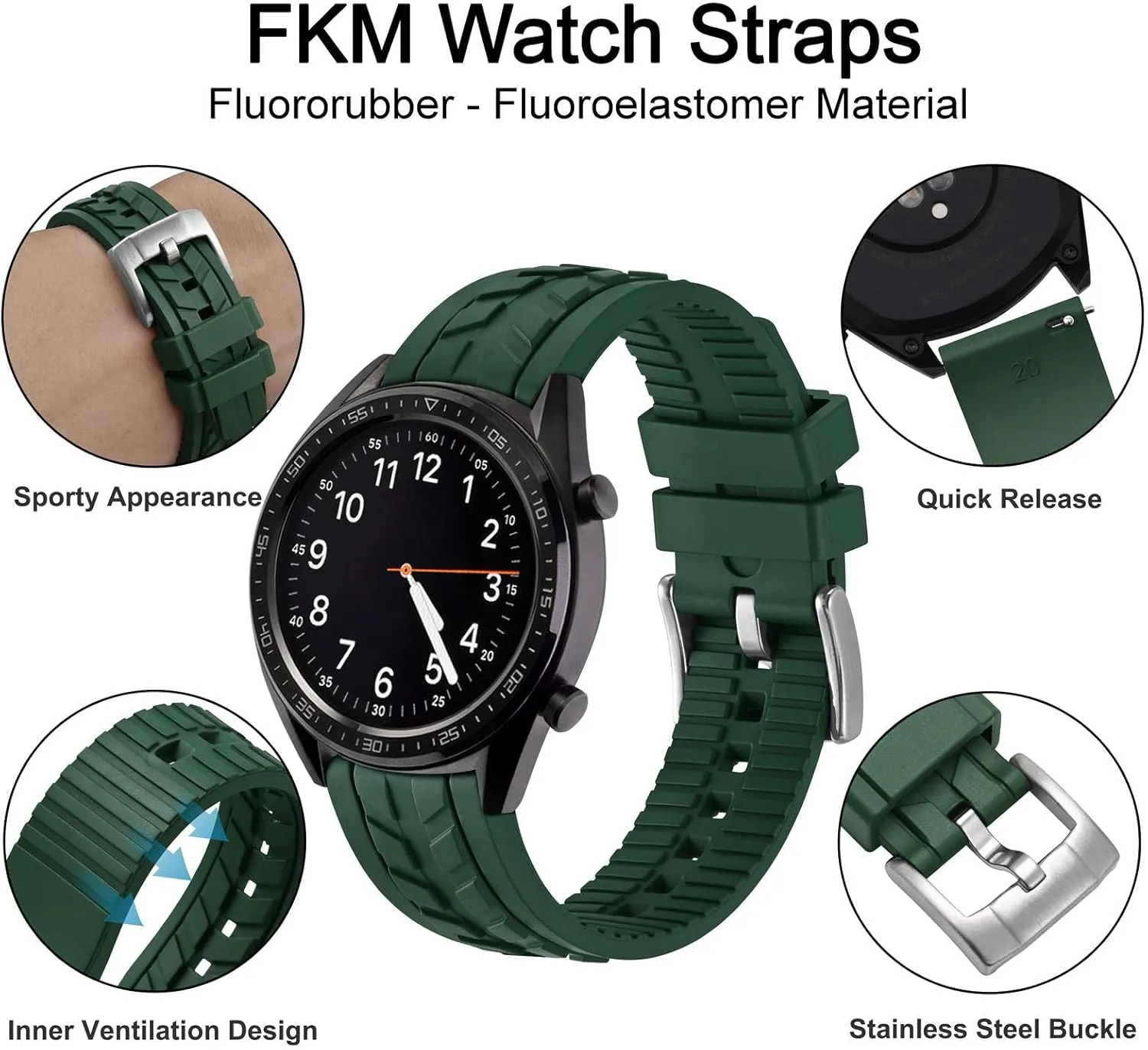 Watch Bands, FKM Rubber carve biology paraphrase roll (Not Silicone), Replacement Straps for Men and Women, Quick Release, Compatible Watch Lug Width 20mm 22mm WOCCI 