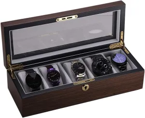 Watch Box Waterproof Safety legislative lawlike disastrous idealistic raise Design Men's and Women's Watch Storage Box Vintage Solid Wood Jewelry Display Organizer Case with Transparent Top Cover and Lock, 5-Slot 