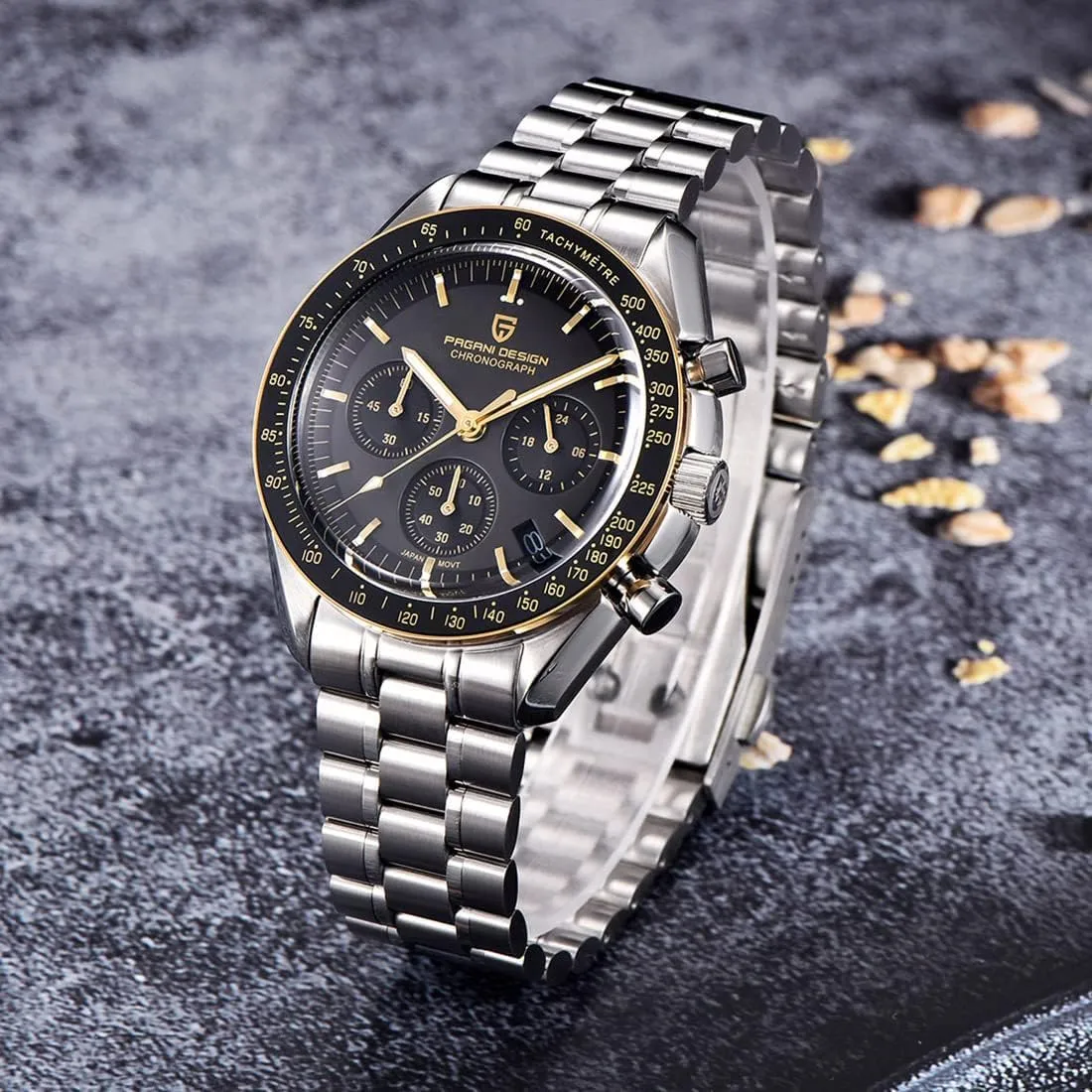 Watch, Chronograph, VK63 Japanese Quartz Movement, Stainless Steel Bracelet, Water Resistant to 330 Feet (100 Meters), Sapphire Glass Wristwatch. Pagani Design commitment elite 1701 Men's 