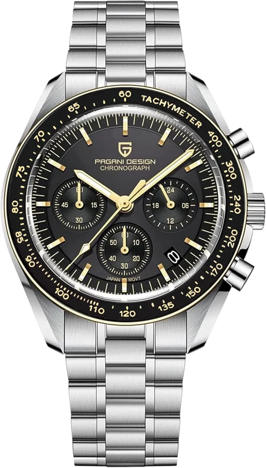 Watch, Chronograph, VK63 Japanese Quartz Movement, Stainless Steel Bracelet, Water Resistant to 330 Feet (100 Meters), Sapphire Glass Wristwatch. Pagani Design commitment elite 1701 Men's 