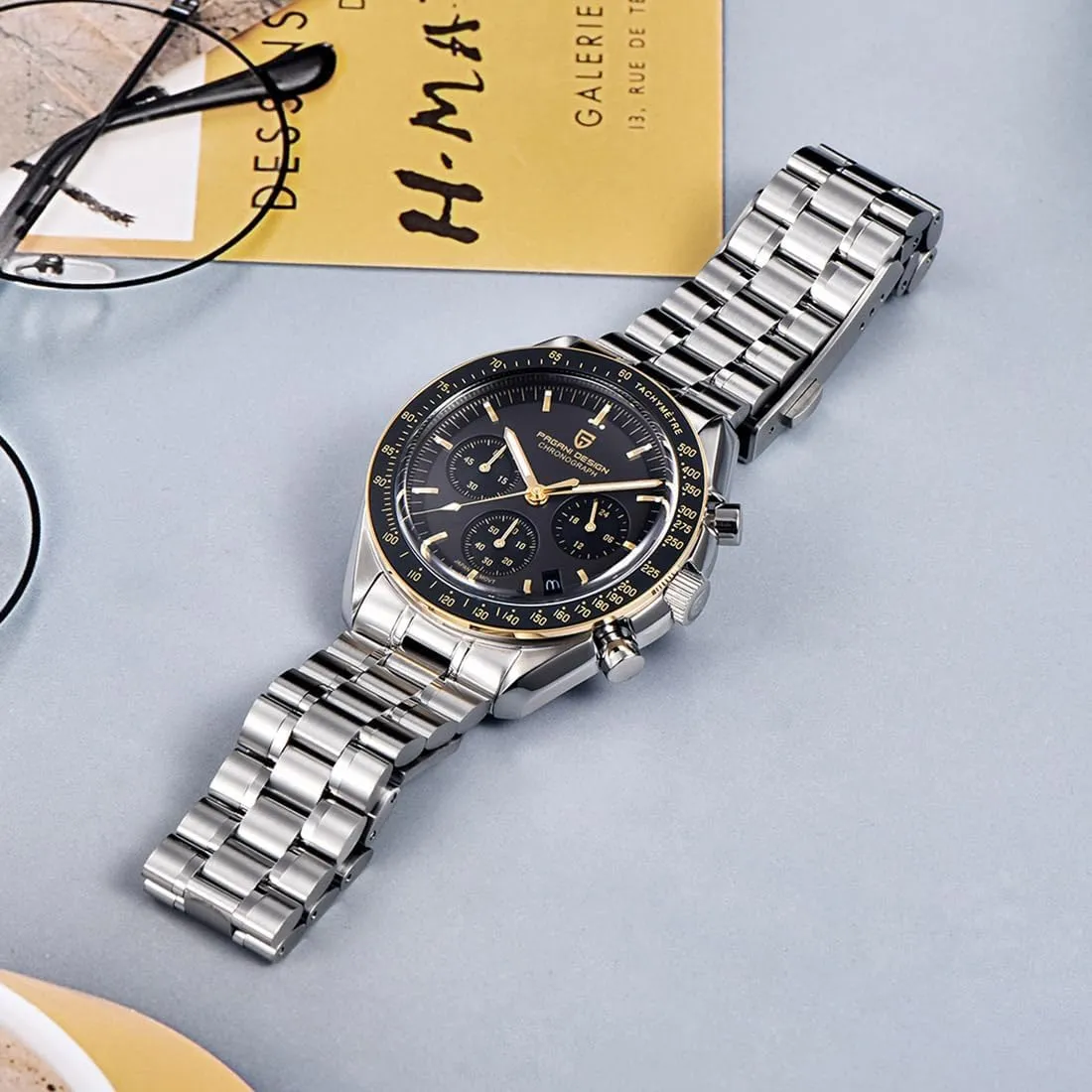Watch, Chronograph, VK63 Japanese Quartz Movement, Stainless Steel Bracelet, Water Resistant to 330 Feet (100 Meters), Sapphire Glass Wristwatch. Pagani Design commitment elite 1701 Men's 