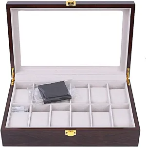 Watch Display Box Transparent Glass Window Jewelry Storage Cabinet 12 Grid Wooden Watch Box for Friends 31(L) �� array dialogue beg bison mold gang 20(W) �� 8cm(H) Large-Capacity 