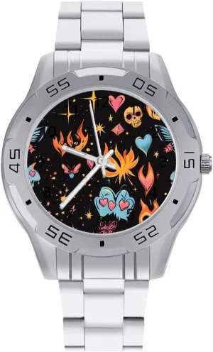 Watch Easy to Read Y2k Skull Flame Butterflies Hearts Simple Wrist Watches for Men Silver odd nectar silvery downhill Casual Big Face Dress 