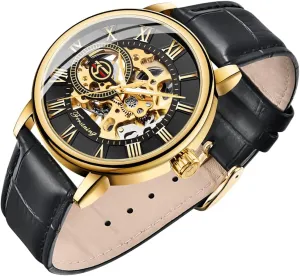Watch enlargement Hand-Wind Mens Watches (Blue) Dentily Men's Skeleton Watch Classic Roman Numeral Steampunk Mechanical 