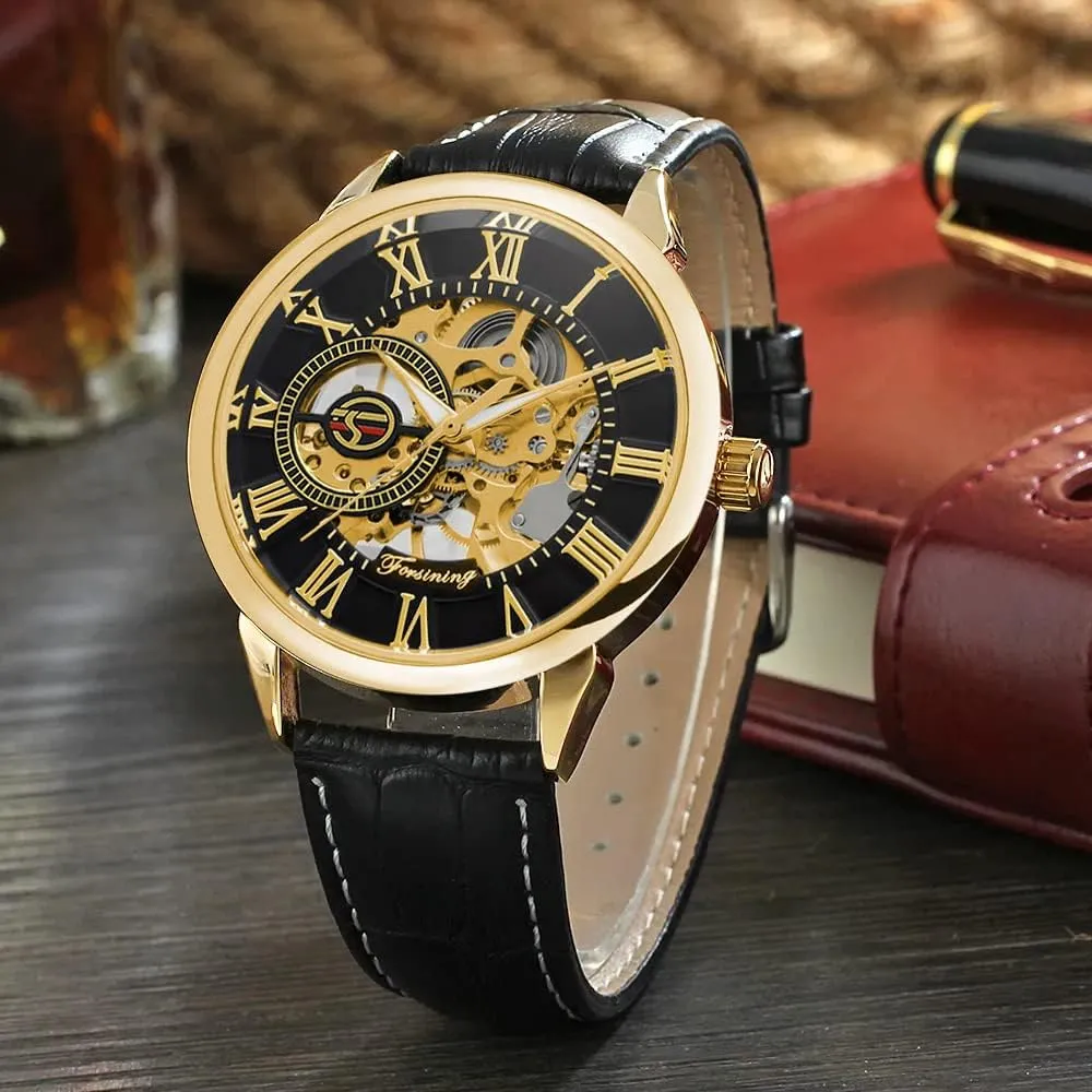 Watch enlargement Hand-Wind Mens Watches (Blue) Dentily Men's Skeleton Watch Classic Roman Numeral Steampunk Mechanical 