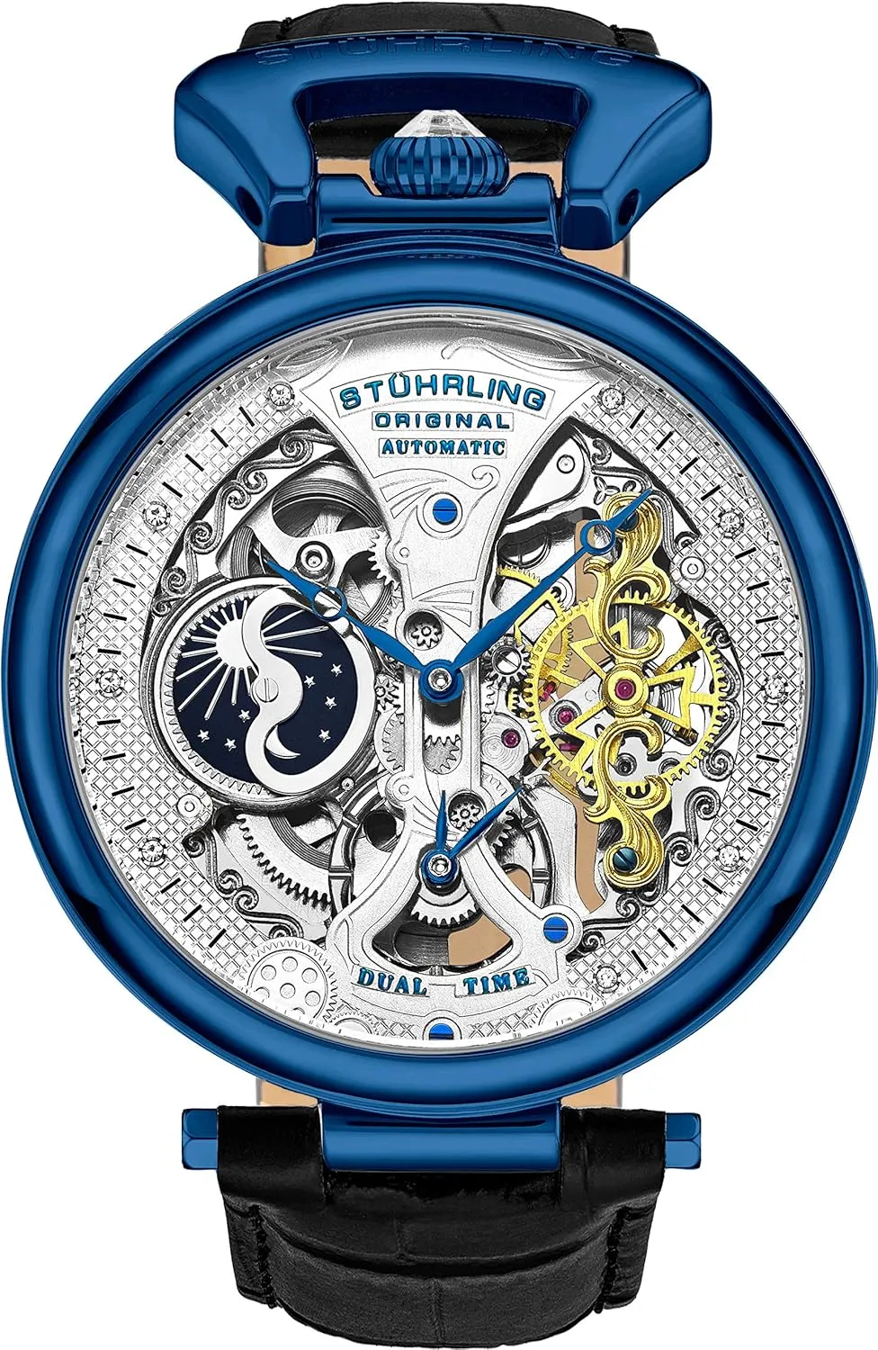 Watch flutter breeze with Calfskin Leather Band and - Dual Time, AM/PM Sun Moon St??hrling Original Mens Skeleton Watch Dial Automatic 