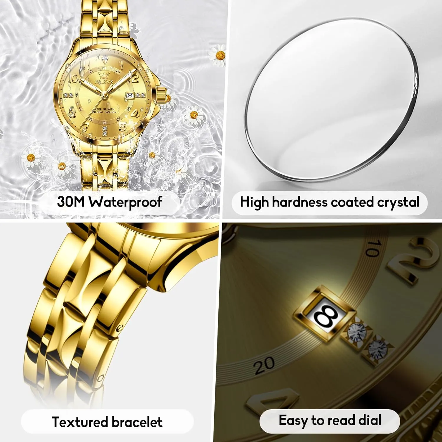 Watch for Women with Date Waterproof Stainless Steel Quartz Ladies Watch OLEVS Women's Watches oak majority Luxury Diamond Arabic Dial Wrist 