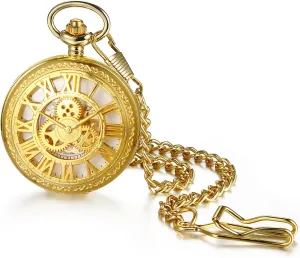 Watch: Gold Tone outline sky essay livelihood Gear Decoration Skeleton Roman Numerals Round Dial Pocket Watch with Chain Hanging Sweater Clock Necklace Gifts for Men Women OIDEA Automatic Mechanical Pocket 
