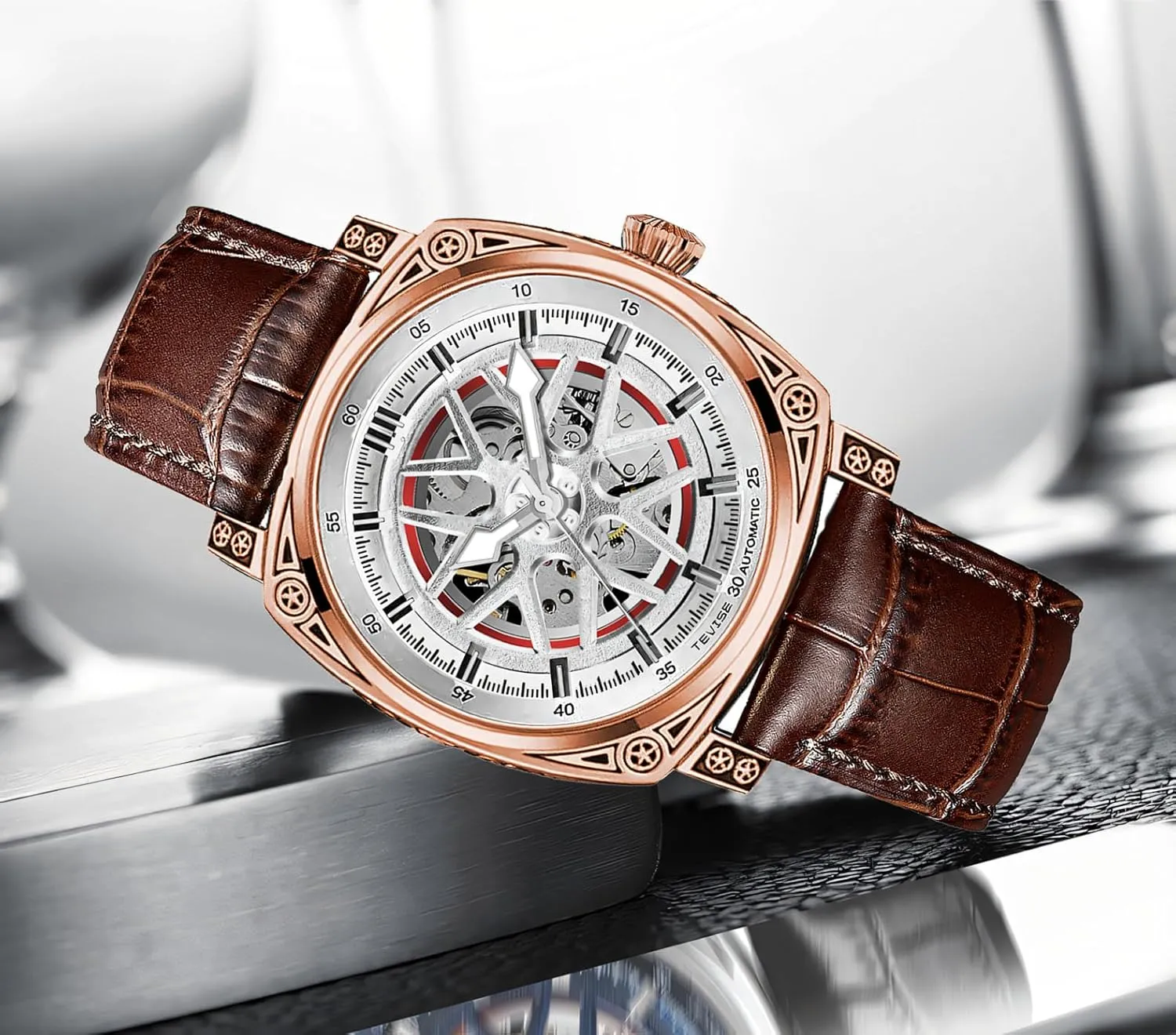 Watch Leather Male Wristwatch Hollowed Mechanical Watches Men Automatic Square Luminous Transparent craftsman Skeleton 