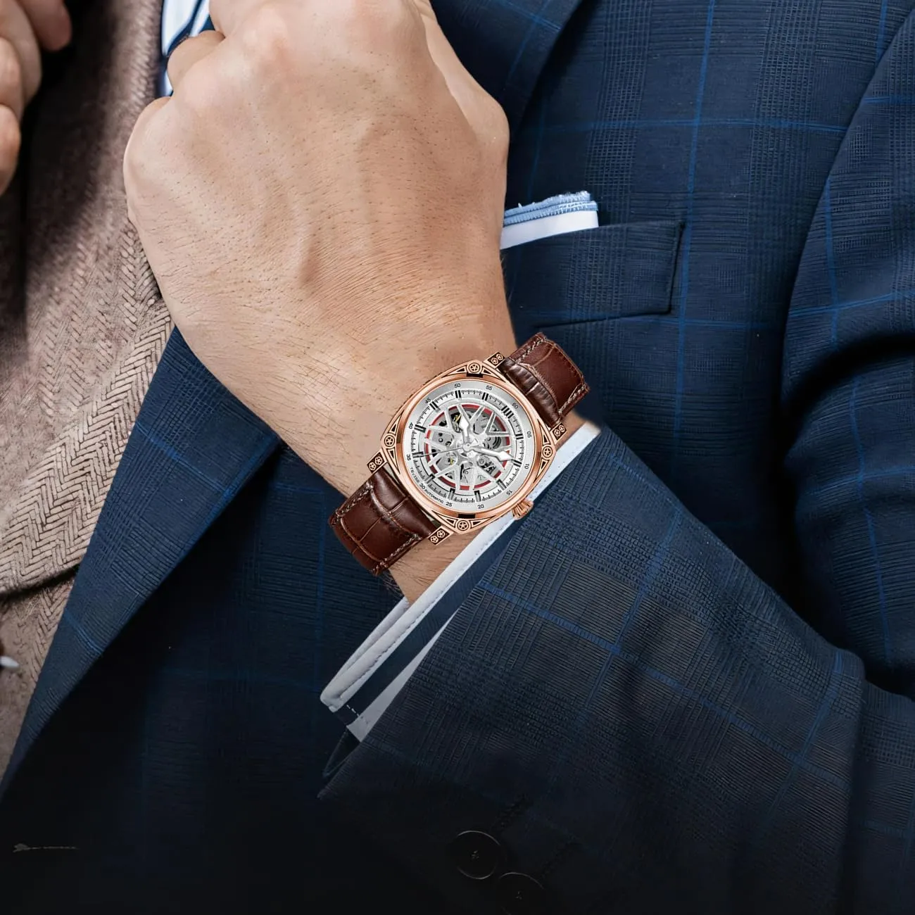 Watch Leather Male Wristwatch Hollowed Mechanical Watches Men Automatic Square Luminous Transparent craftsman Skeleton 