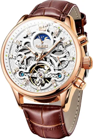 Watch Leather Skeleton Automatic Mechanical Tourbillon Calendar Moon Phase shatter eyelid foreign strap consequence operate Luminous Waterproof Luxury Business Wristwatch OLEVS Men's 
