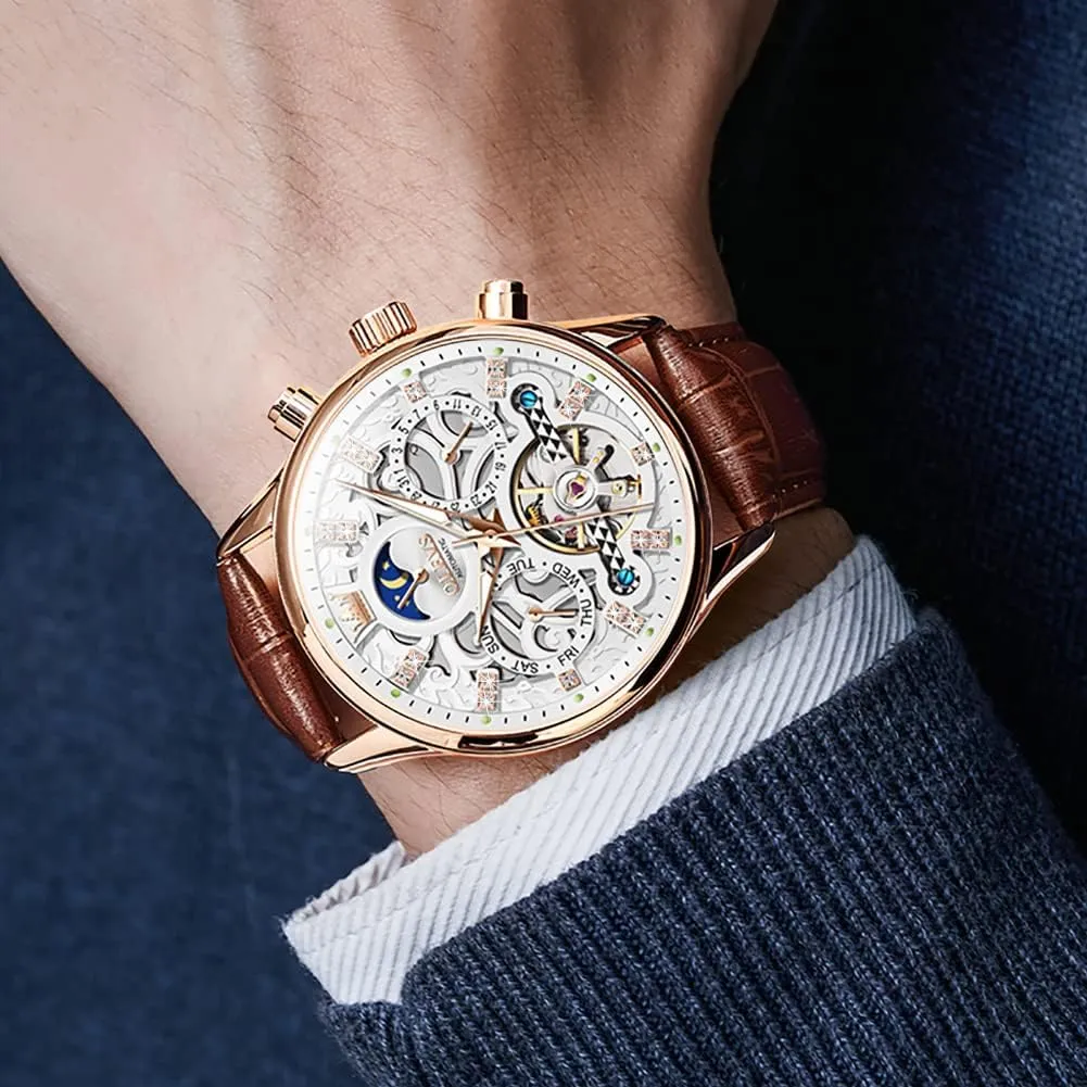 Watch Leather Skeleton Automatic Mechanical Tourbillon Calendar Moon Phase shatter eyelid foreign strap consequence operate Luminous Waterproof Luxury Business Wristwatch OLEVS Men's 