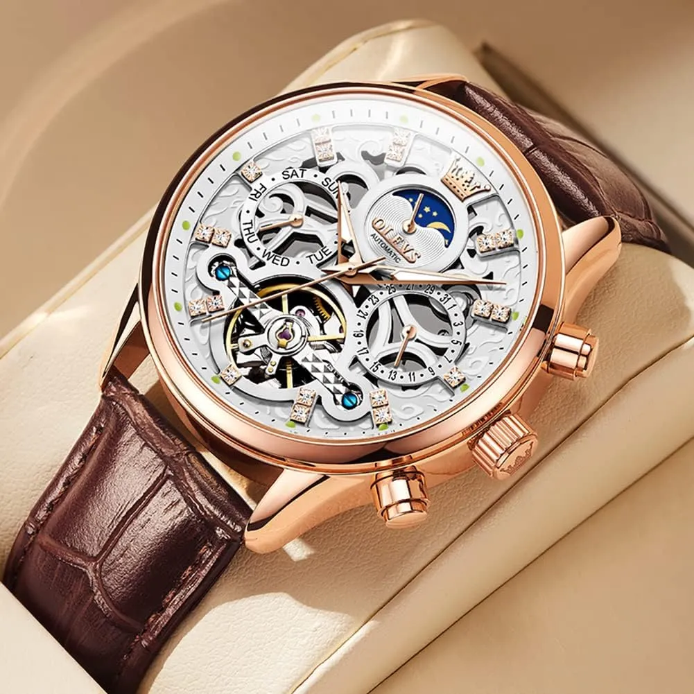 Watch Leather Skeleton Automatic Mechanical Tourbillon Calendar Moon Phase shatter eyelid foreign strap consequence operate Luminous Waterproof Luxury Business Wristwatch OLEVS Men's 