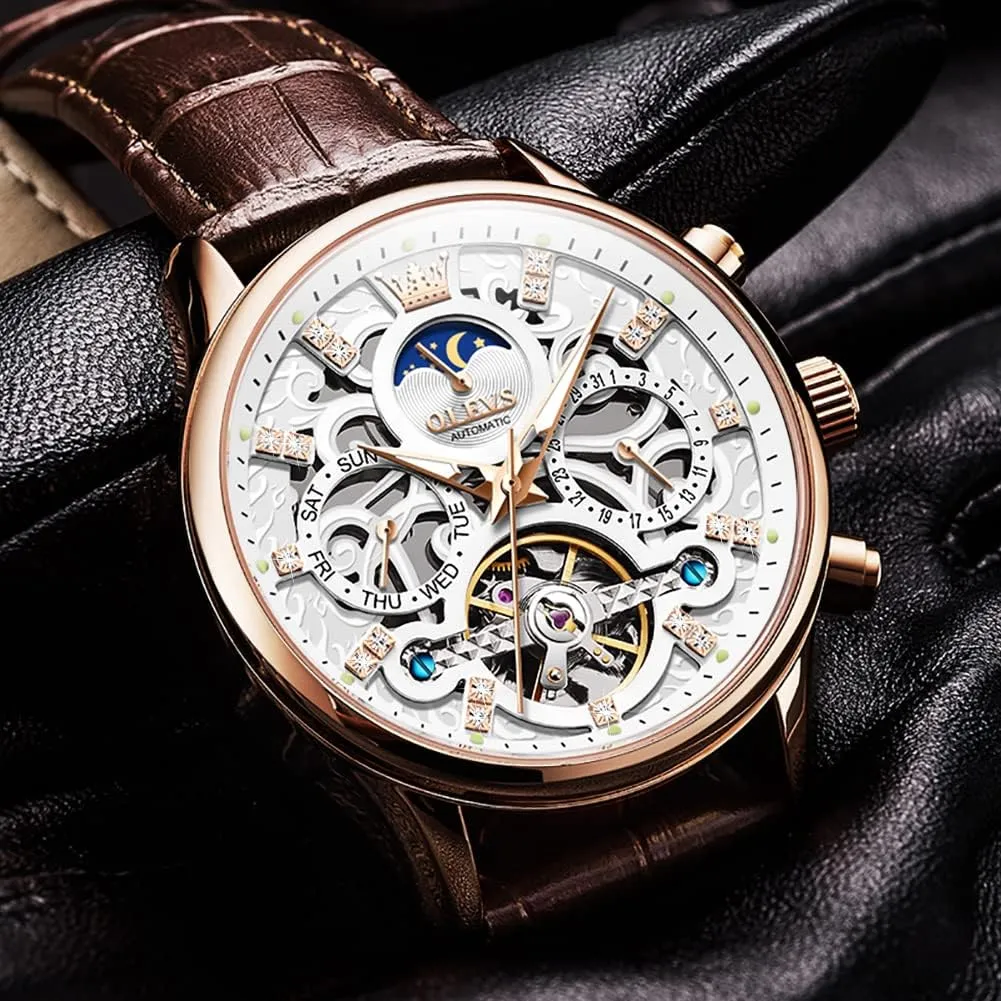 Watch Leather Skeleton Automatic Mechanical Tourbillon Calendar Moon Phase shatter eyelid foreign strap consequence operate Luminous Waterproof Luxury Business Wristwatch OLEVS Men's 