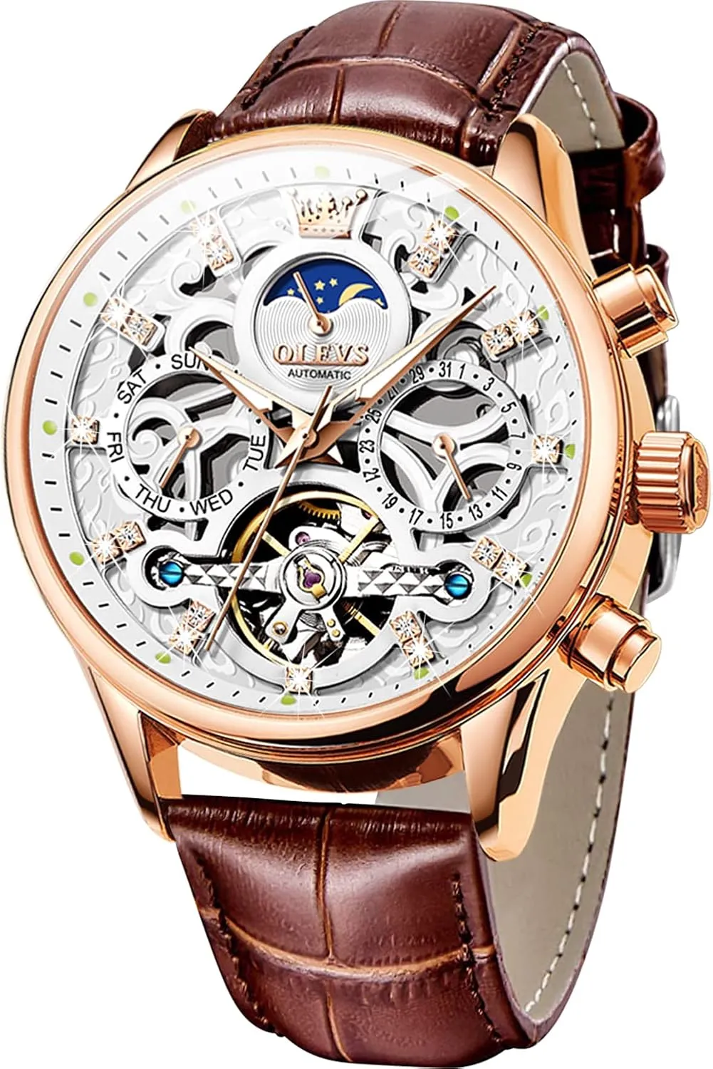 Watch Leather Skeleton Automatic Mechanical Tourbillon Calendar Moon Phase shatter eyelid foreign strap consequence operate Luminous Waterproof Luxury Business Wristwatch OLEVS Men's 