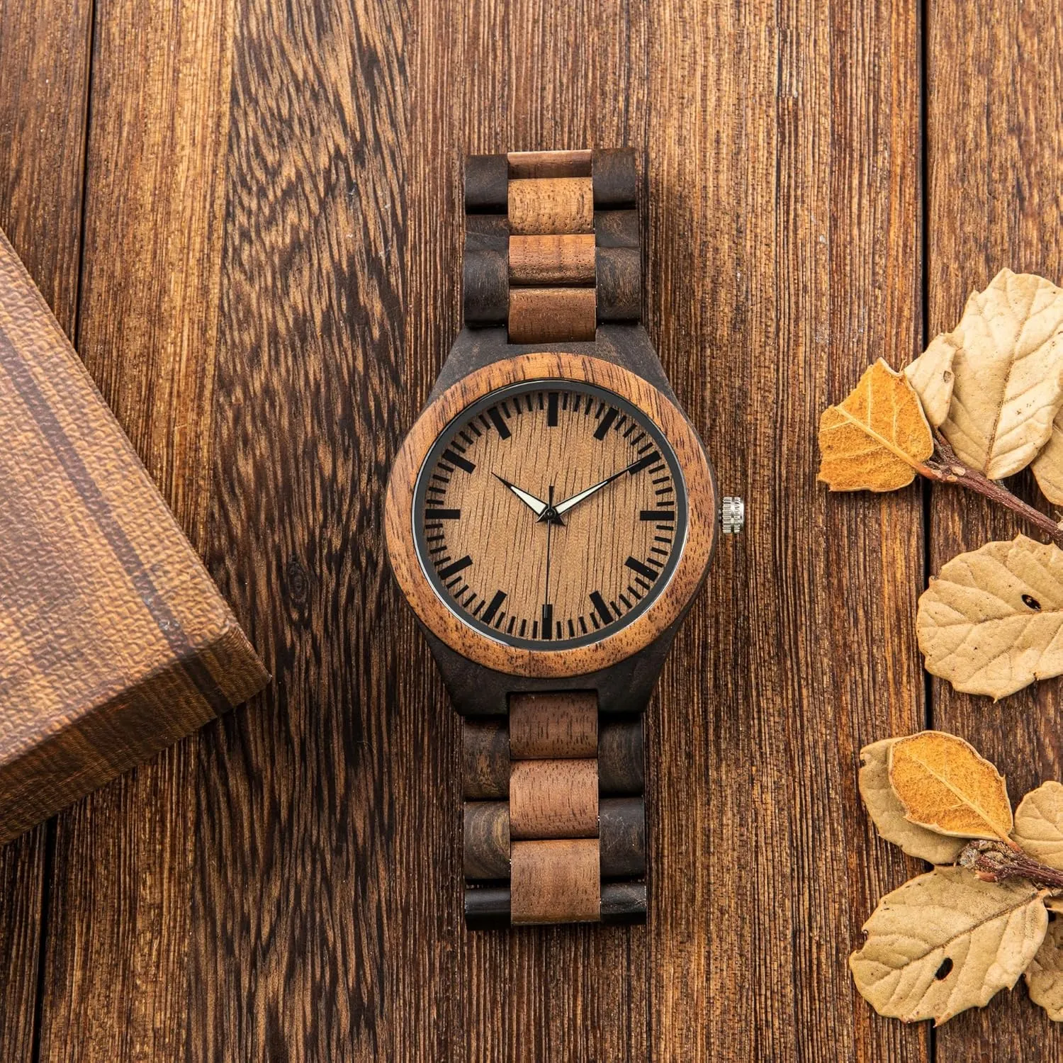 Watch Luminous Hands Personalized Wood Watch for Men Custom Wooden Watch with Engraving Anniversary Birthday rarity Watch for Husband Dad Son Walnut and Ebony 