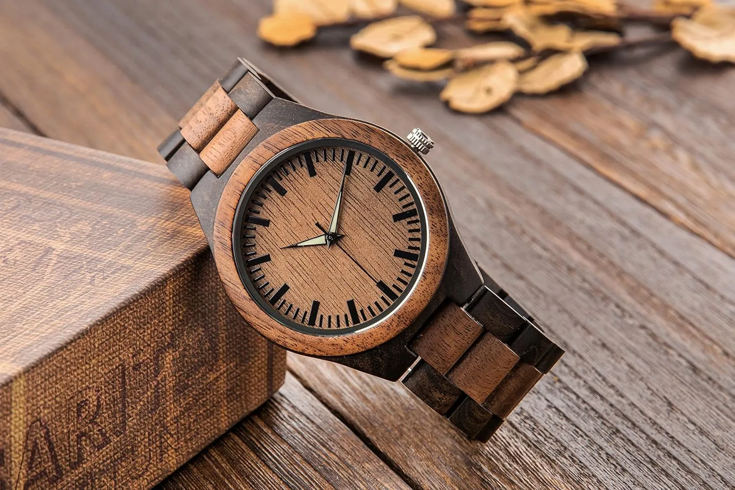 Watch Luminous Hands Personalized Wood Watch for Men Custom Wooden Watch with Engraving Anniversary Birthday rarity Watch for Husband Dad Son Walnut and Ebony 
