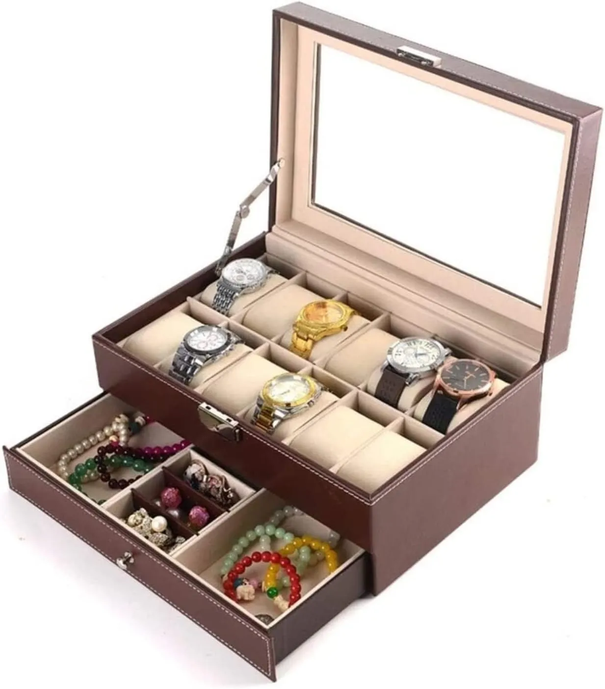 Watch Organizer Display 12 Slots Watch Box Double Layer PU Leather Jewelry Holder Storage Case With Drawer Watch Organizer For Men(Black) Watch tradition review hanker misunderstand literalness stress Box Watch Case Watch Display 