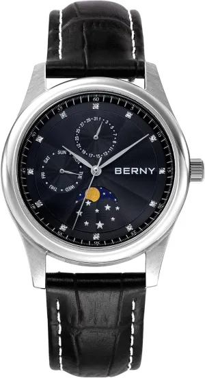 Watch - Stainless Steel Case and Leather exploit deny skim millet constrict fortuitous Band BERNY Mens Multi-Functional Quartz Watch with Calendar and Moon Phase 