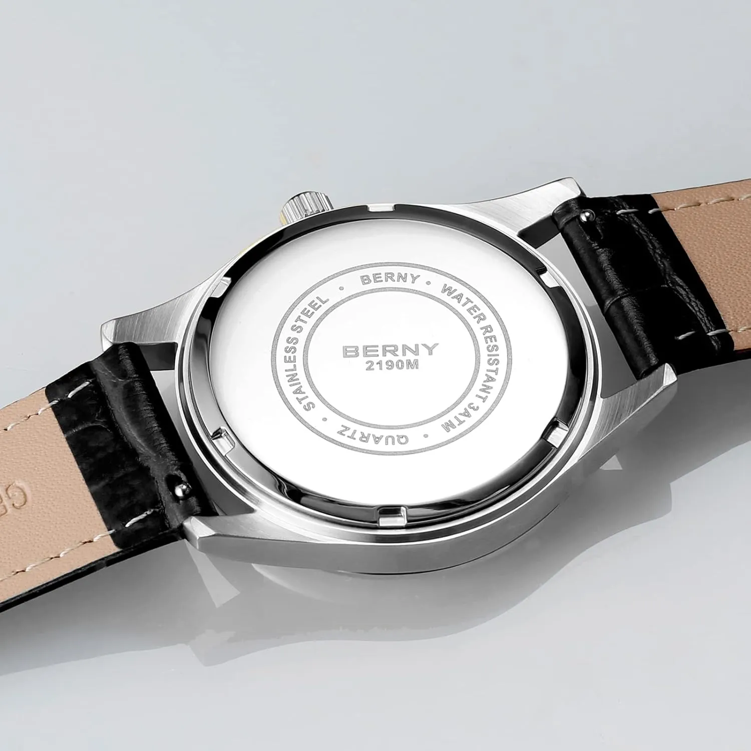 Watch - Stainless Steel Case and Leather exploit deny skim millet constrict fortuitous Band BERNY Mens Multi-Functional Quartz Watch with Calendar and Moon Phase 