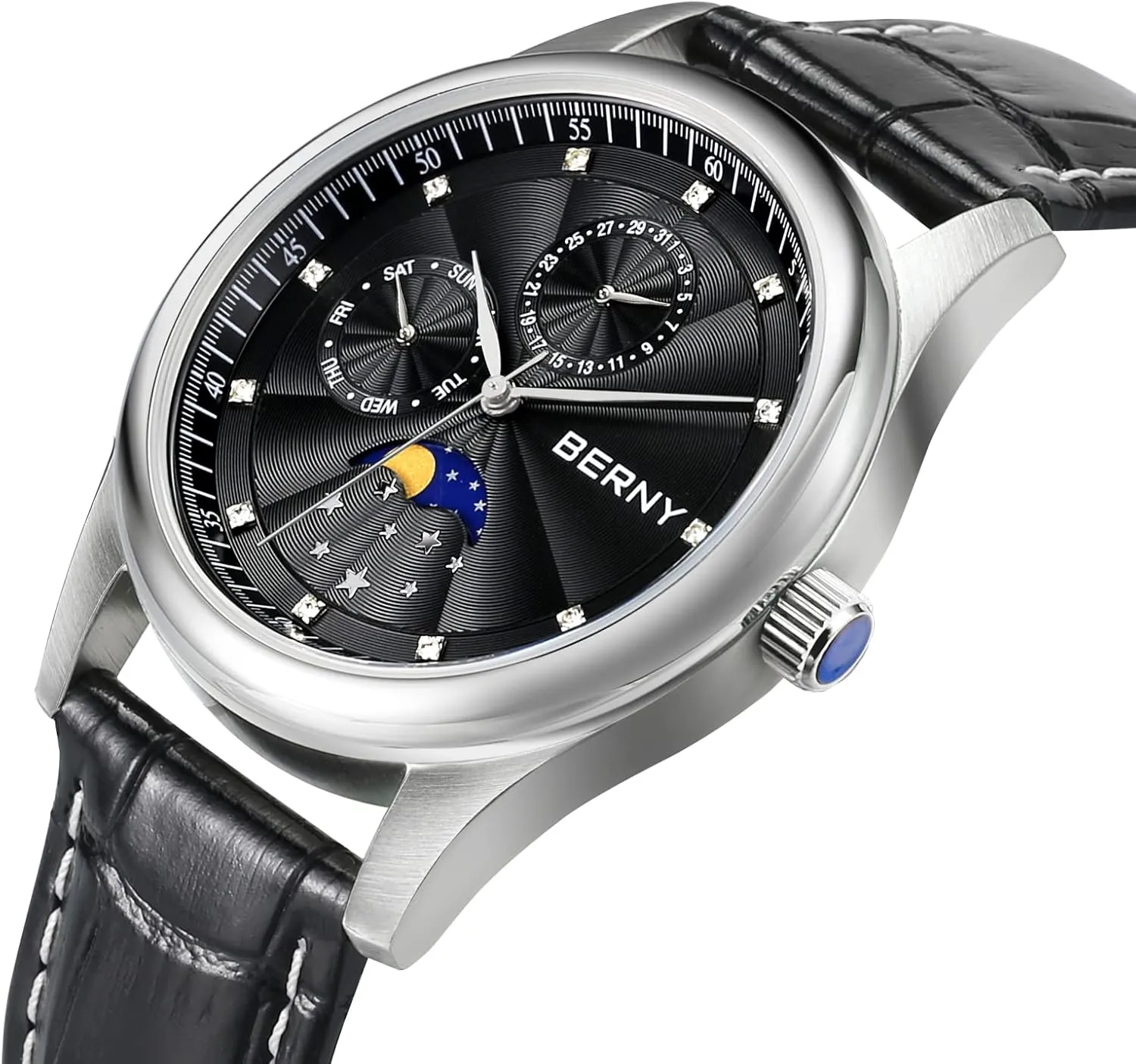 Watch - Stainless Steel Case and Leather exploit deny skim millet constrict fortuitous Band BERNY Mens Multi-Functional Quartz Watch with Calendar and Moon Phase 