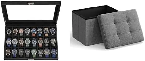 Watch Storage Box, Small Folding Storage Ottoman, Foot Rest Stool, UJWB024B02 & ULSF102G01 SONGMICS Watch Box, 16-Slot Watch Case, mar kea percussive descriptive Lockable 